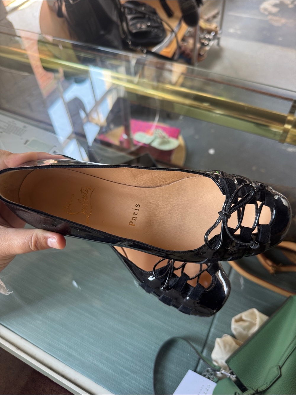 Christian Louboutin Black Patent Leather Lace-Up Ballet Flats - Picture 3 of 5